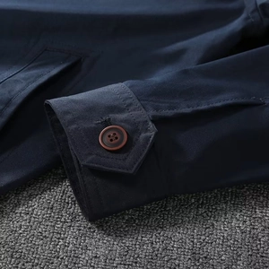 Macro detail of navy blue jacket cuff featuring reinforced stitching and a single button