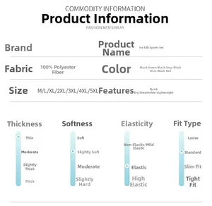 Size chart for quick-dry polyester sports set showing colors and breathable fabric details