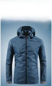 Detail of dark blue sun protection jacket with zip pockets and breathable fabric texture
