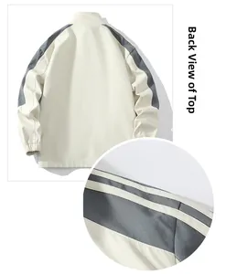 Back view of men's casual jacket showing grey stripes on sleeves and ribbed elastic cuffs