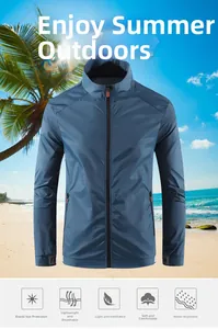 Detail of blue UV protection jacket showing stand collar, zipper, and breathable fabric