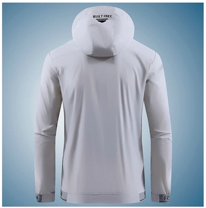 Detail of light gray sun-protective jacket back with BUILT FREE hood lettering