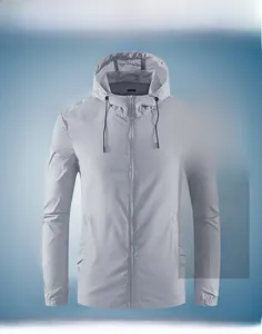 Close-up of lightweight grey sun protection jacket with hood and TRNEO logo