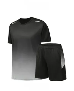 Detail view of quick-dry black and grey gradient athletic t-shirt and drawstring shorts set