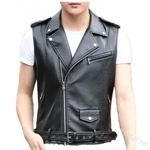 Detailed view of men's slim fit PU leather biker vest with lapel and metal buckles