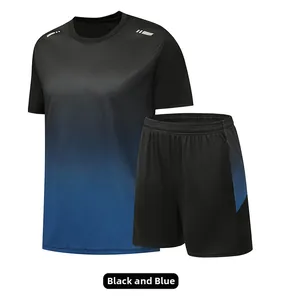 Detail view of quick-dry sports t-shirt and shorts set in black and blue gradient