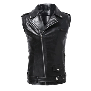 Slim fit black faux leather biker vest with asymmetric zipper and adjustable belt
