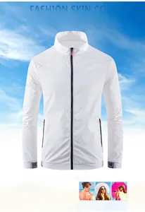 Detail of lightweight white sun protection jacket with black zipper and stand collar