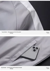 Détail de la veste grise montrant les coutures d'épaule et la poche latérale pratique