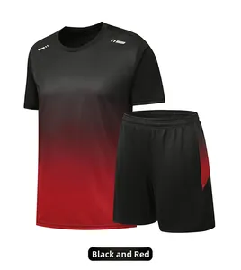 Detail of quick-dry sports set with black and red gradient T-shirt and matching shorts