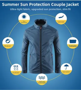 Detail of blue sun protection jacket showing water-repellent and breathable fabric features