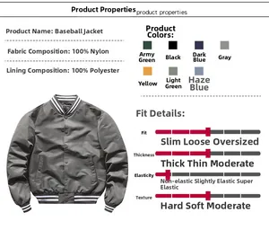 Detail showing fabric composition 100% nylon and polyester lining for baseball jacket