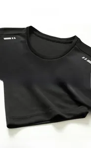 Detail view of black dry-fit mesh gym t-shirt showing reflective stripes and collar