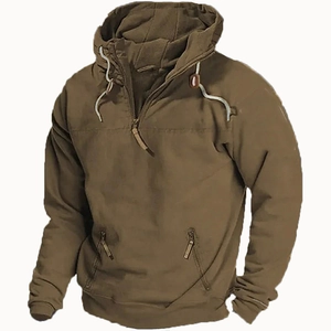 Sweat à capuche tactique kaki pour homme avec demi-zip et cordon sur fond blanc