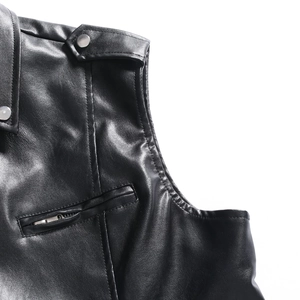 Slim fit black PU leather biker vest for men with silver metal zippers and stud details