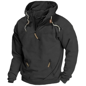 Sweat à capuche noir pour homme avec demi-fermeture éclair et poches latérales zippées