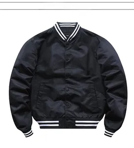 Detail showing striped ribbed collar and snap button closure of a navy bomber jacket