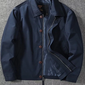 Men's slim fit dark blue casual windbreaker jacket with dual zip and button closure