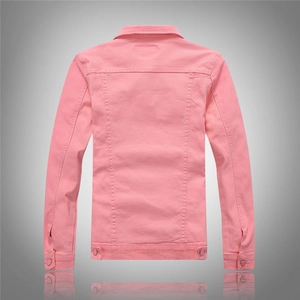 Vista posteriore di una giacca di jeans rosa slim-fit con colletto classico