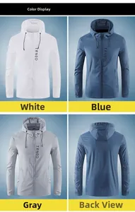 Detailed views of hooded sun protection jackets in white, blue, and grey with zippers
