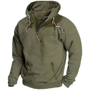 Sweat à capuche olive pour homme avec demi-zip et poches zippées de style tactique