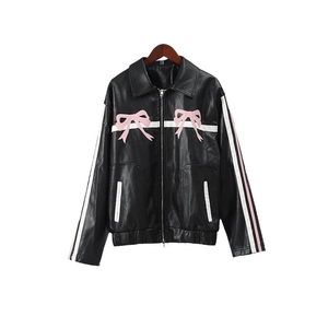 Women's black PU leather motorcycle jacket with pink bows and sporty sleeve stripes