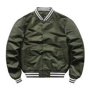 Detail of army green bomber jacket featuring striped rib-knit collar and snap buttons