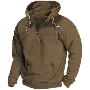Sweat à capuche pour homme beige avec demi-zip et bords-côtes en vue 3D détaillée