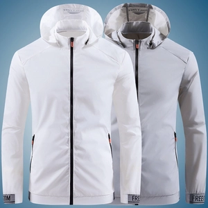 Men's lightweight hooded sun protection jackets in white and light blue breathable fabric