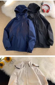 Detail of outdoor jackets showing EXPLORE text, hooded design, and adjustable cuffs