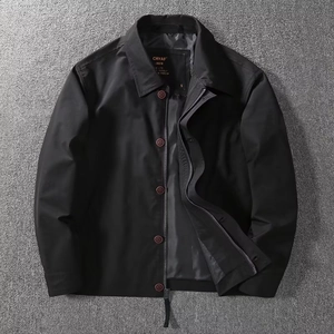 Men's business casual black jacket with lapel collar and zip-button closure