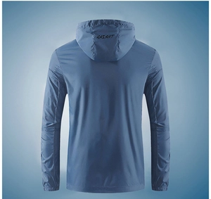 Detail view of the back of a blue hooded sun protection jacket with SAIANT branding
