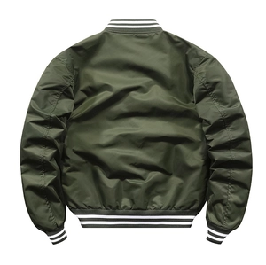 Back view of olive green bomber jacket featuring striped ribbed cuffs and hem details