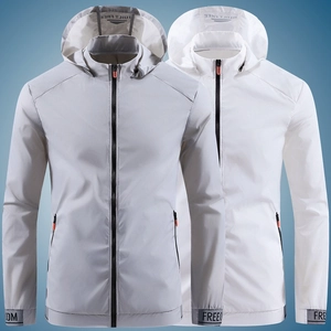 Men's hooded sun protection jacket with zip closure and freedom lettering detail