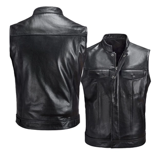 Men's Motorcycle Leather Vest Stand Collar Multi Pocket Zipper Waistcoat Solid Black Casual Biker Vest For Men