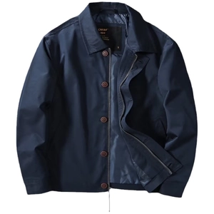 Men's navy blue windproof business jacket with lapel collar and zipper closure