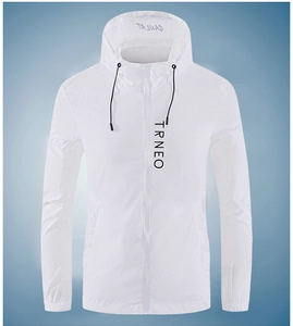 Close-up of white sun protection jacket detail with hood drawstrings and TRNEO logo