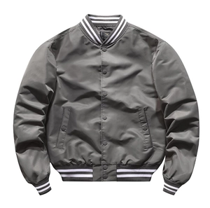 Close-up of the striped rib-knit collar and snap button closure on a gray baseball jacket