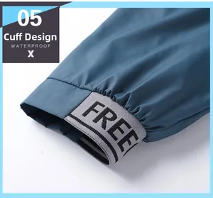 Waterproof navy jacket cuff with grey elastic ribbing and black FREE lettering detail