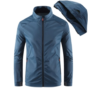 Men's dark blue sun protection jacket with detachable hood and zip pockets
