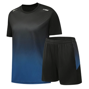 Men's quick-dry sports set with black-blue gradient t-shirt and running shorts