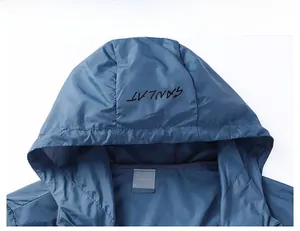 Detail view of the hood and neckline of a navy men's outdoor UV protection jacket