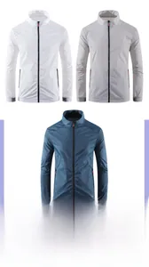 Detail of summer sun protection jackets in white, light grey, and peacock blue colors