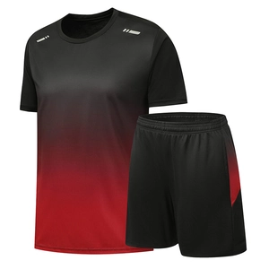 Men's quick-dry fitness suit with black-red gradient tee and matching shorts