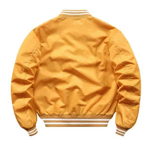 Rear view of yellow bomber jacket with striped ribbed collar and cuffs on white background