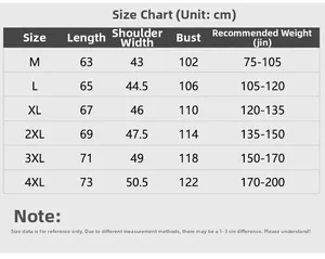 Size chart for summer UV protection jacket with measurements from M to 4XL in centimeters