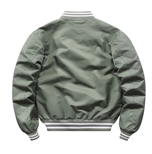 Back view of sage green satin bomber jacket featuring white striped ribbed cuffs and hem