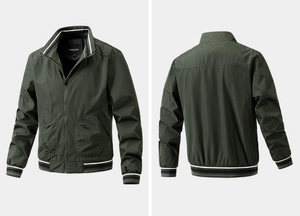 Dettaglio fronte e retro della giacca leggera verde militare con bordi a costine a righe