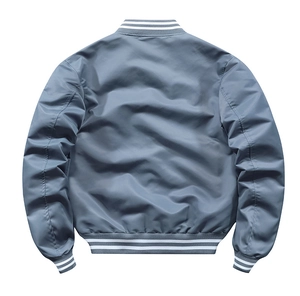 Back view of a blue bomber jacket with white striped ribbed collar and cuffs for men and women