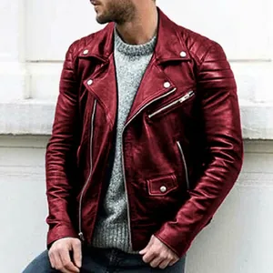 Men's wine red slim fit biker jacket with stand collar and quilted sleeves, model F2M-79